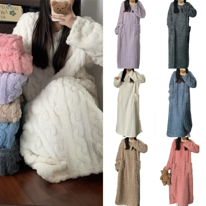 Winter Coral Fleece Sleepwear Women's Nightgown Long Night Dress Pajamas With Pockets Thickened Jacquard Dress Warm Home Clothes - Image 4