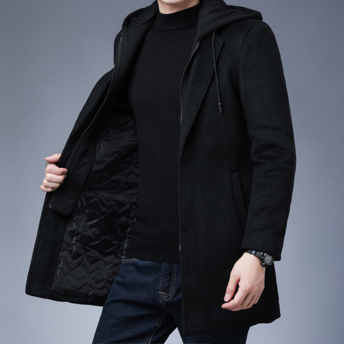 Mens Detachable Hooded Woolen Winter Coat Jacket Mid-Length Single Breasted - Image 3