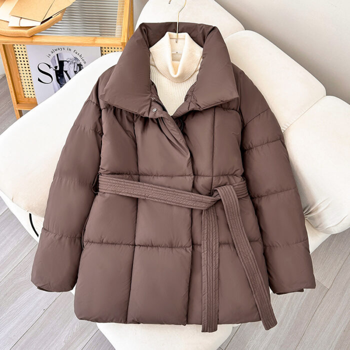 Winter Plaid Sewing Lapel Coat With Lace-up Design Fashion Loose Solid Thick Jacket Outerwear Women's Clothing - Image 6