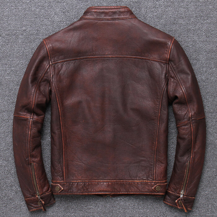 Top Layer Cowhide Leather Men's Stand-up Collar Leather Jacket - Image 4