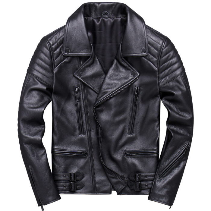 Lapel Diagonal Zipper Top Layer Cowhide Leather Leather Jacket - Image 3