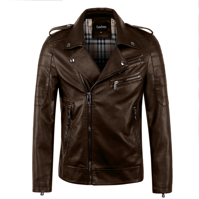 Men's leather lapel slim leather jacket - Image 2