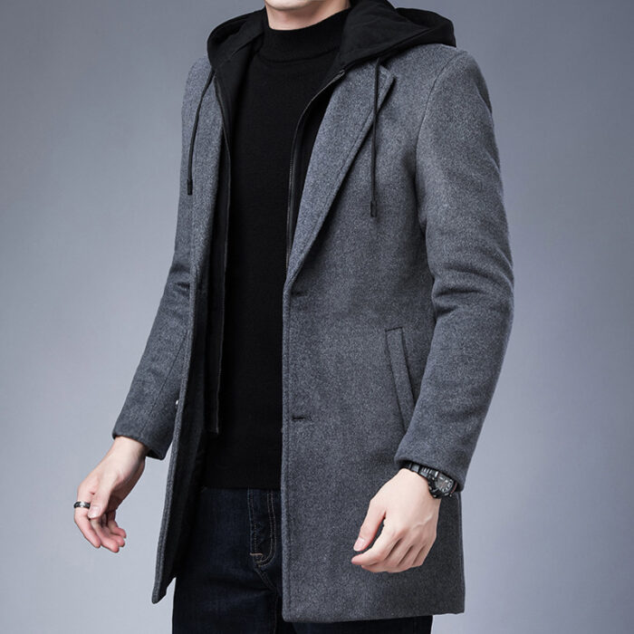 Mens Detachable Hooded Woolen Winter Coat Jacket Mid-Length Single Breasted - Image 2