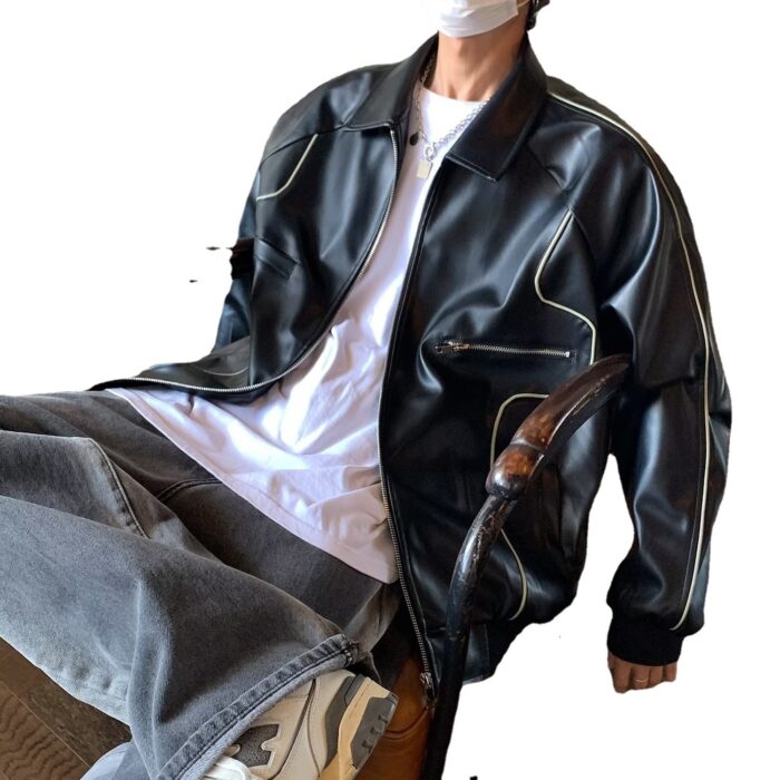 Retro Solid PU Leather Lapel Jackets For Men And Women - Image 3