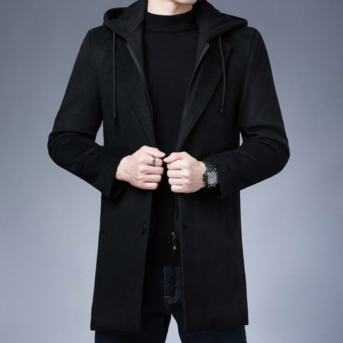 Mens Detachable Hooded Woolen Winter Coat Jacket Mid-Length Single Breasted - Image 5