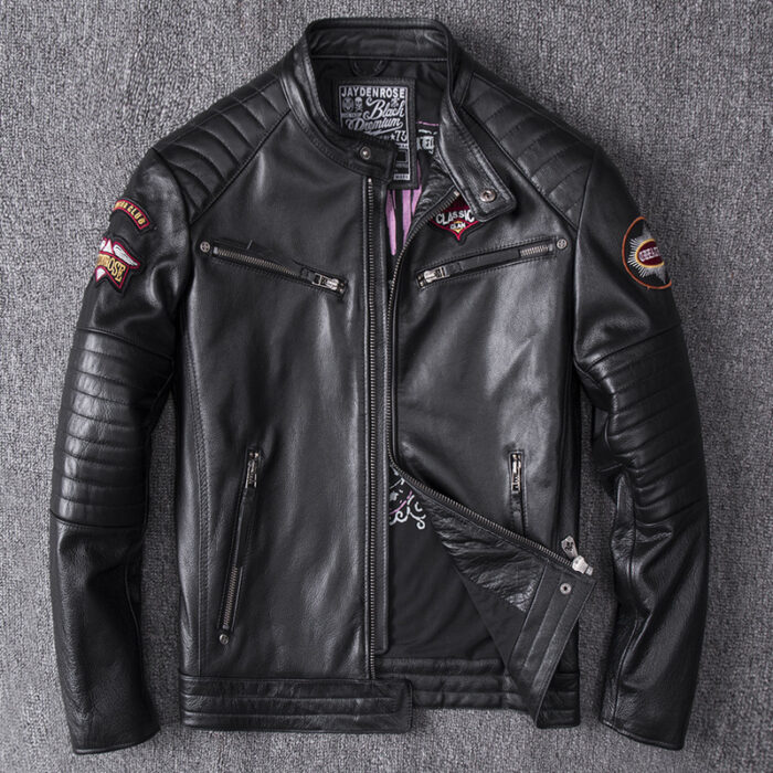 Embroidered Men's Motorcycle Leather Jacket - Image 2