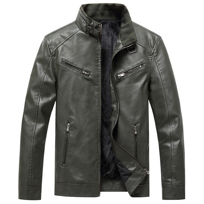 Men's Fleece Padded Coat Casual Korean-style Stand Collar PU Leather Jacket Trendy Youth - Image 6