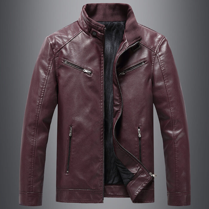 Men's Fleece Padded Coat Casual Korean-style Stand Collar PU Leather Jacket Trendy Youth - Image 3