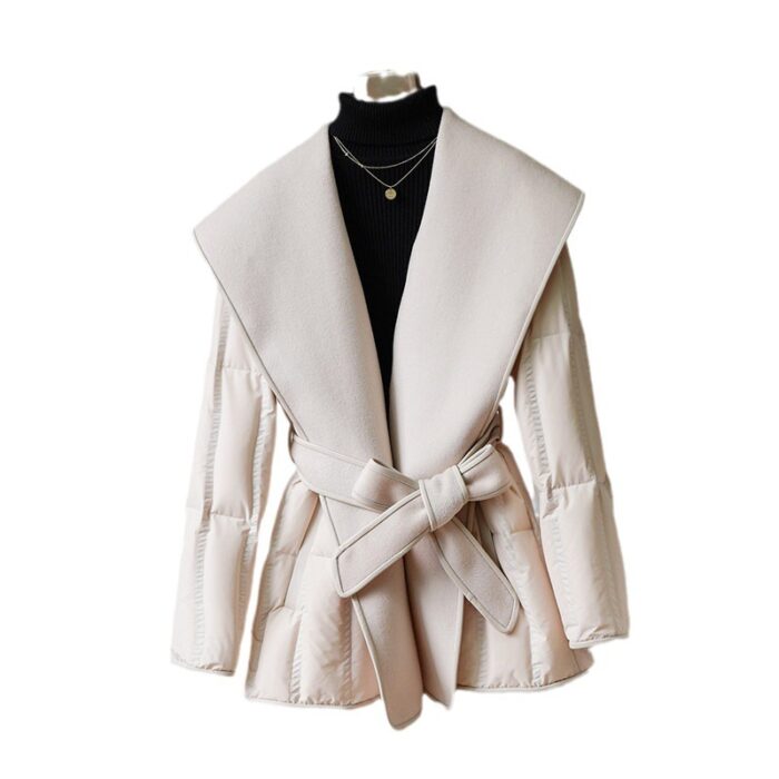 Reversible Cashmere Coat Stitching White Duck Down Coat Waist-tight Wool Down Jacket - Image 5