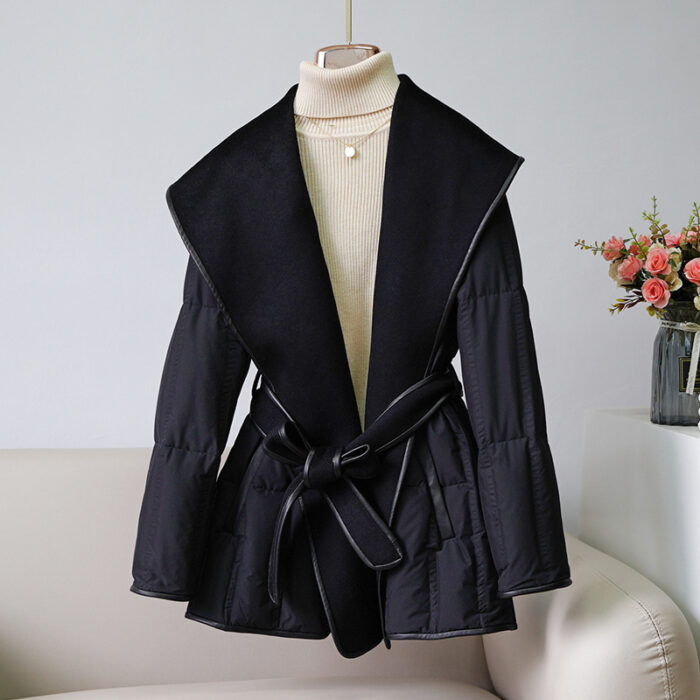 Reversible Cashmere Coat Stitching White Duck Down Coat Waist-tight Wool Down Jacket - Image 2