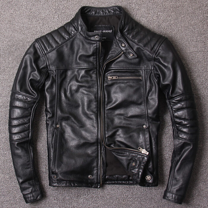 Short Stand-up Collar Slim Fit Trendy Leather Jacket For Men - Image 6