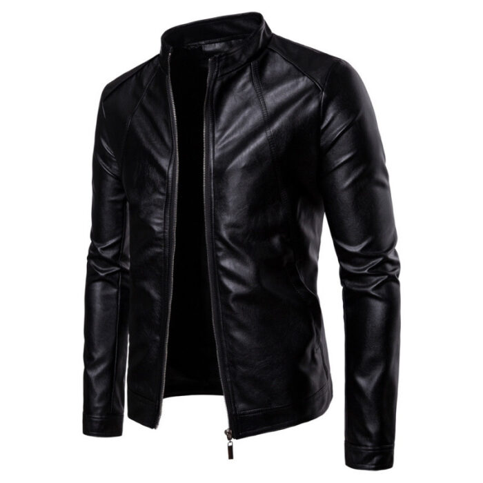 Solid Collar Large Men's Motorcycle Leather PU Jacket