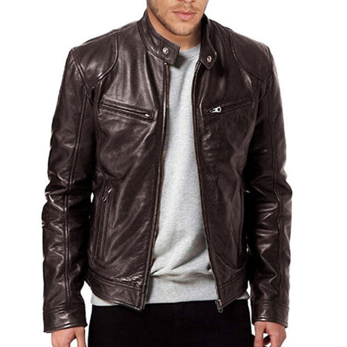 Pu Leather Collar Slim Leather Jacket - Image 2