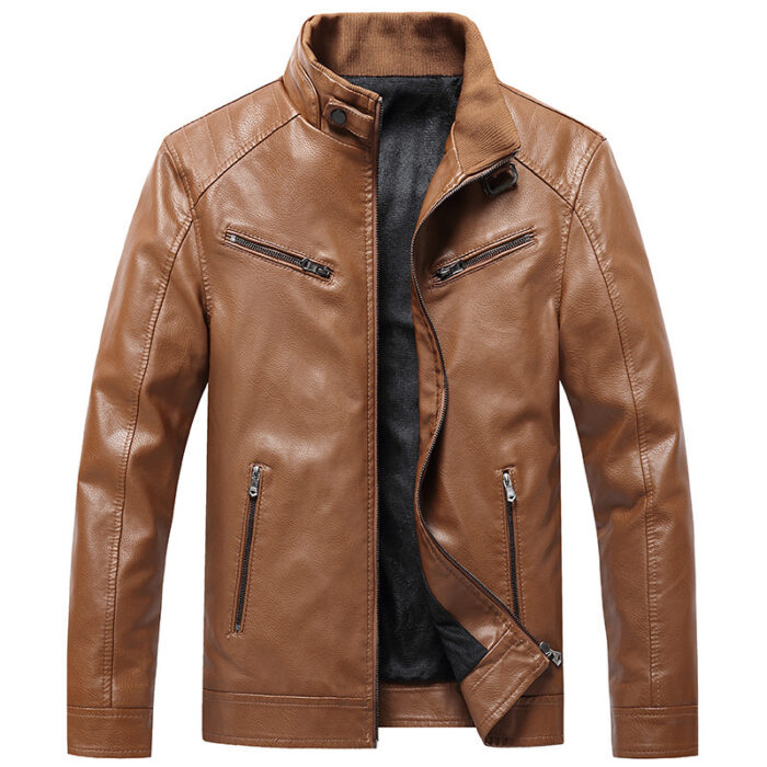 Men's Fleece Padded Coat Casual Korean-style Stand Collar PU Leather Jacket Trendy Youth - Image 2