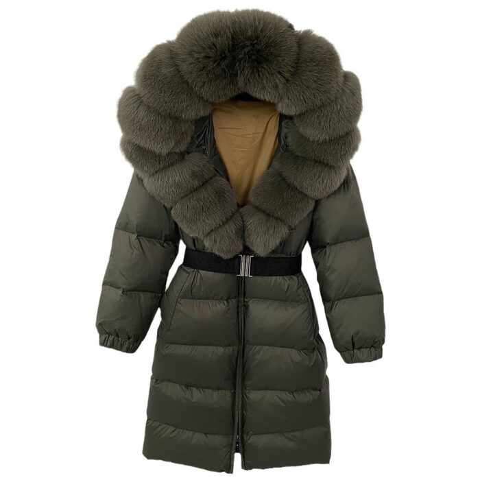 Women's Long Cinched Hoodie Real Fox Collar Fur Down Jacket Coat - Image 4