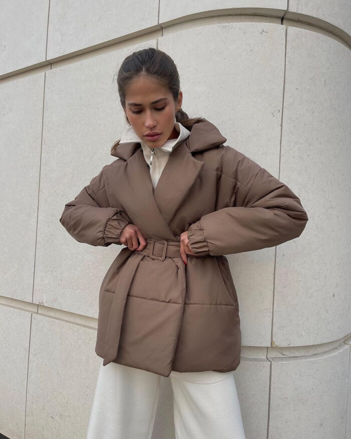 Winter Lapel Waisted Cotton Coat Fashion Solid Color Slim Overcoat Womens Clothing - Image 3