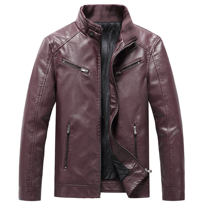 Men's Fleece Padded Coat Casual Korean-style Stand Collar PU Leather Jacket Trendy Youth - Image 9