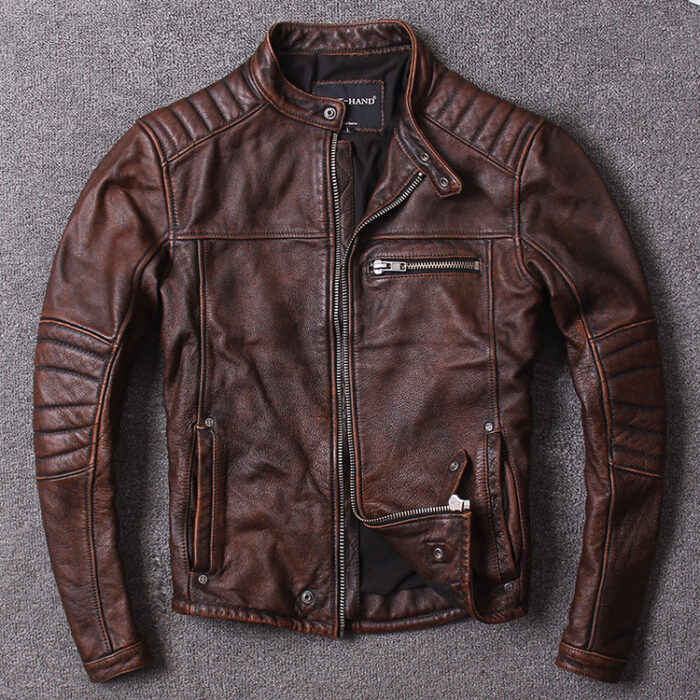 Short Stand-up Collar Slim Fit Trendy Leather Jacket For Men - Image 5