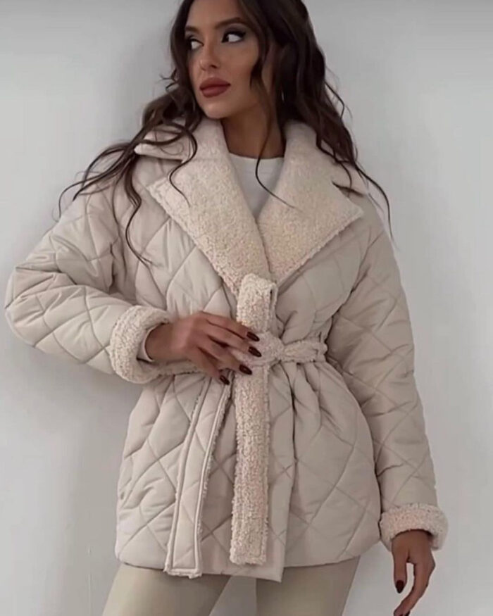 Winter Lapel Plaid Coat Fashion All-match Waist-tied Design Coat For Women Outwear Clothing - Image 5