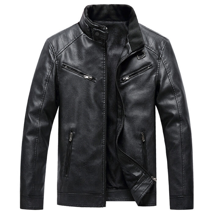 Men's Fleece Padded Coat Casual Korean-style Stand Collar PU Leather Jacket Trendy Youth - Image 7