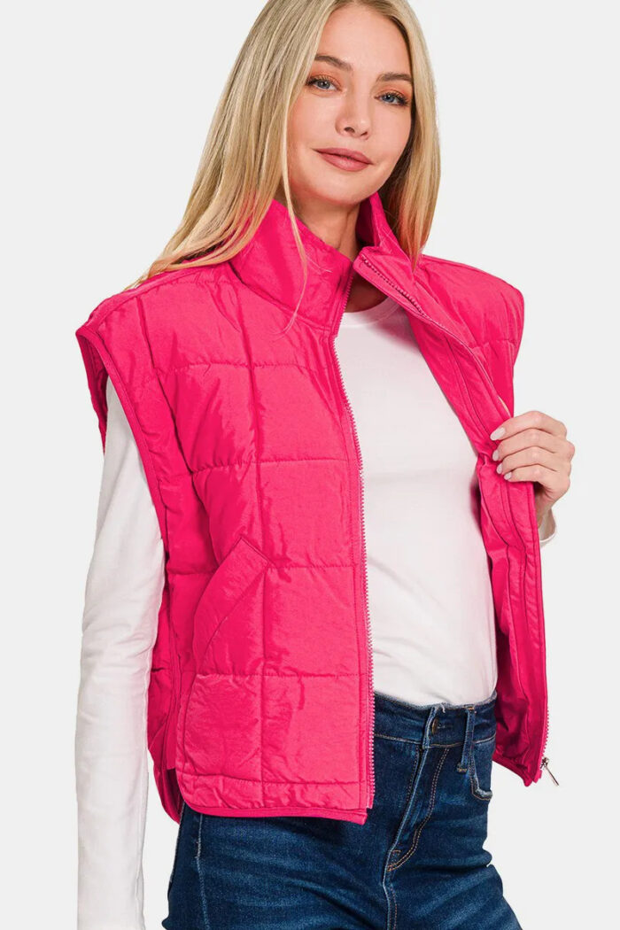 Zenana Zip Up Cropped Puffer Vest With Pockets - Image 4